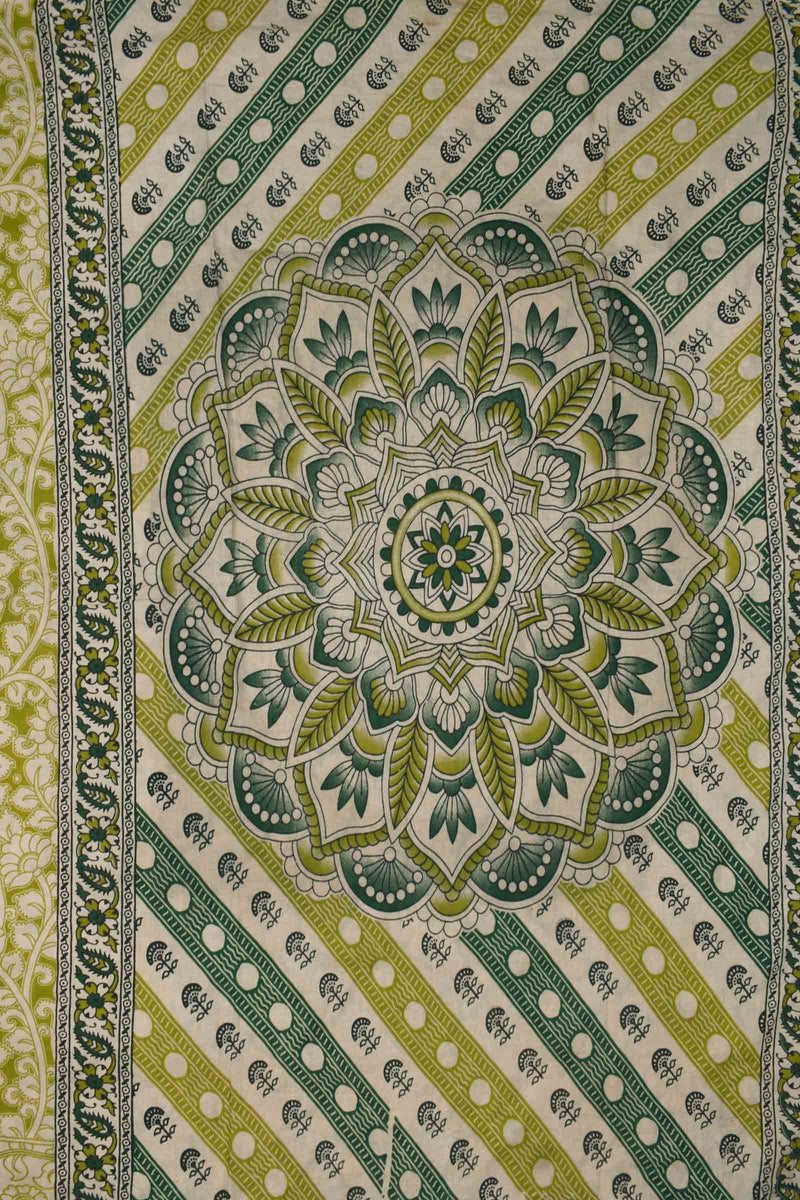 Light Green With Off White Kalamkari Pure Cotton All Over Flowers Design Rangoli Flower Pallu Saree