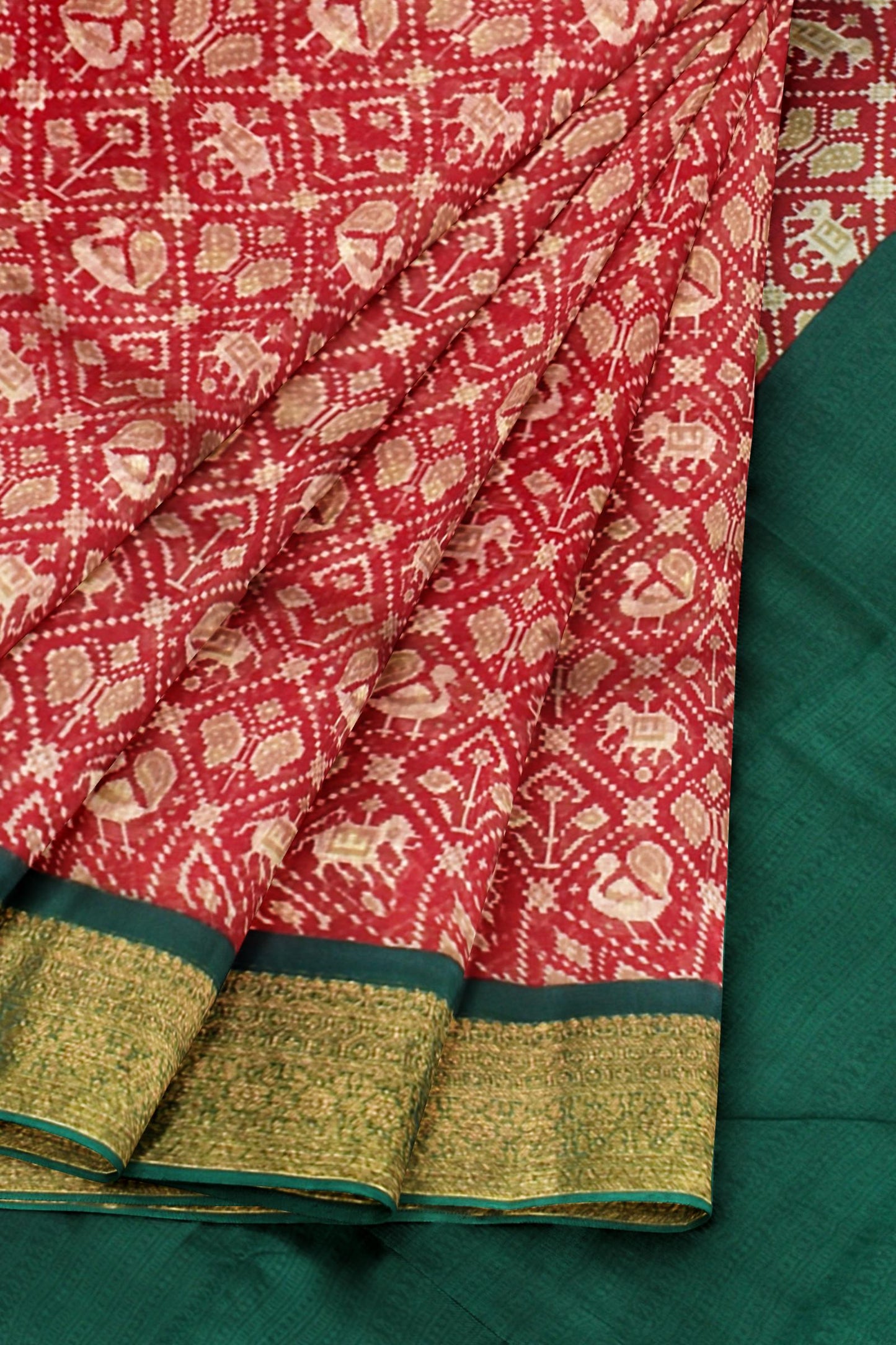 Red Chanderi Silk Cotton Paithani Style Prints Green Pallu Saree