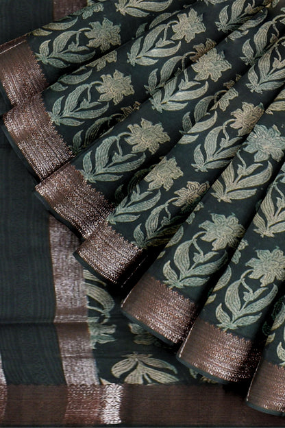 Green Chanderi Silk Cotton All Over Mughal Floral Printed Saree