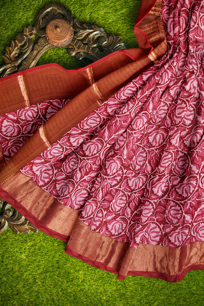 Red and Pink Chanderi Silk Cotton Lotus Garden Printed Saree