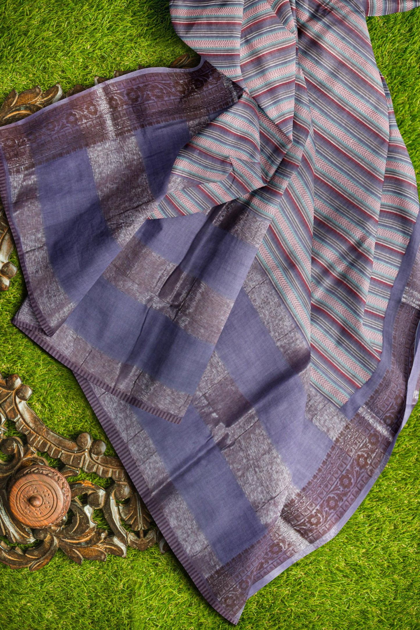 Violet Chanderi Silk Cotton Fancy Contrast Stripes Banaras Border Saree