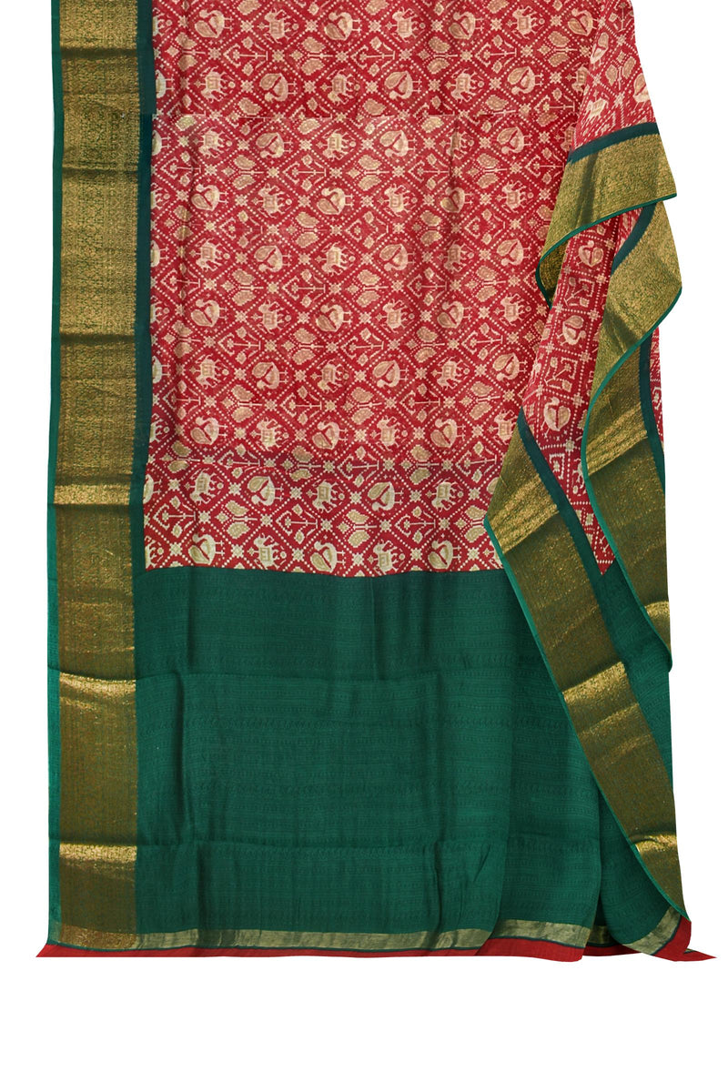 Red Chanderi Silk Cotton Paithani Style Prints Green Pallu Saree