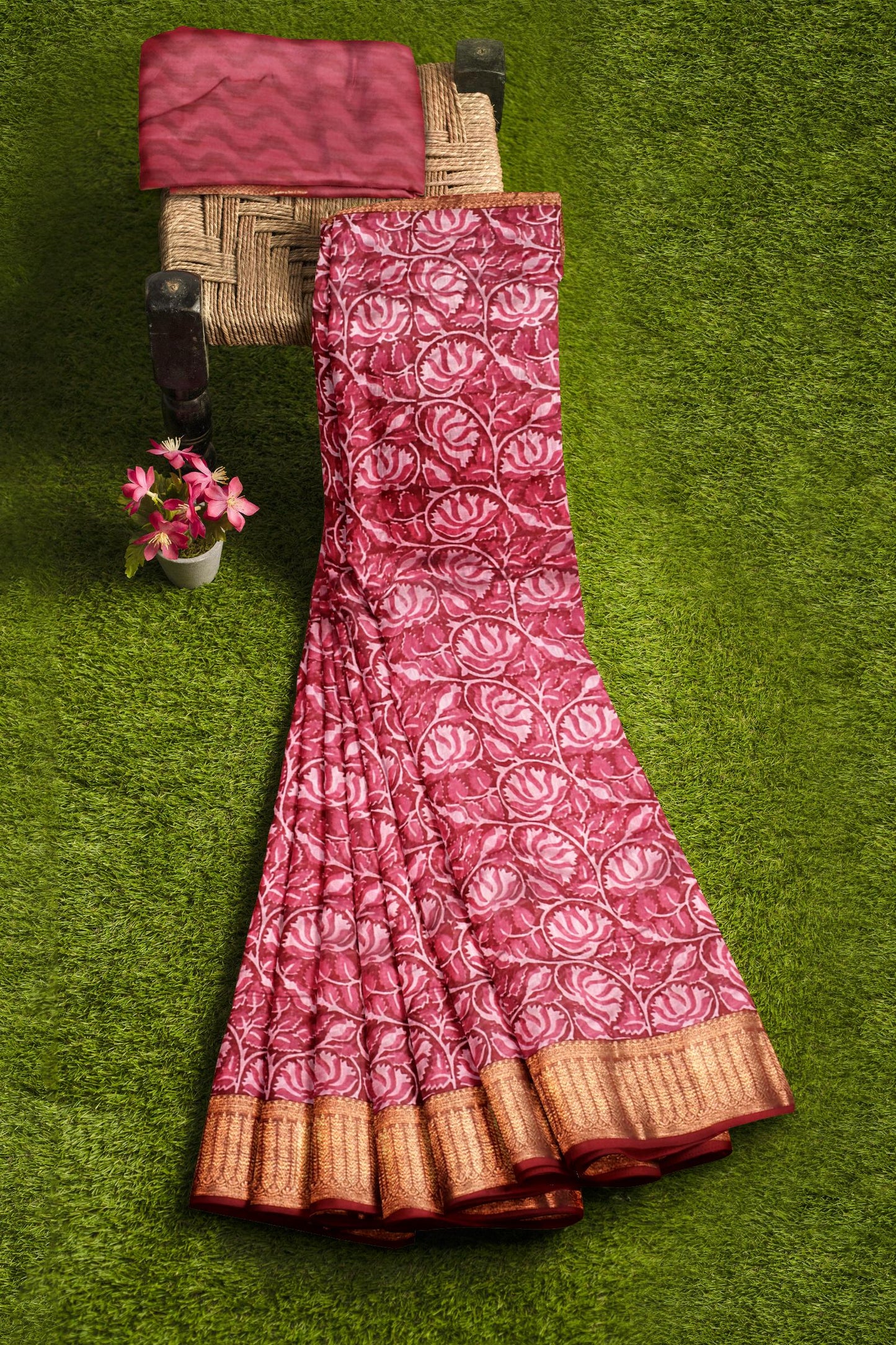 Red and Pink Chanderi Silk Cotton Lotus Garden Printed Saree