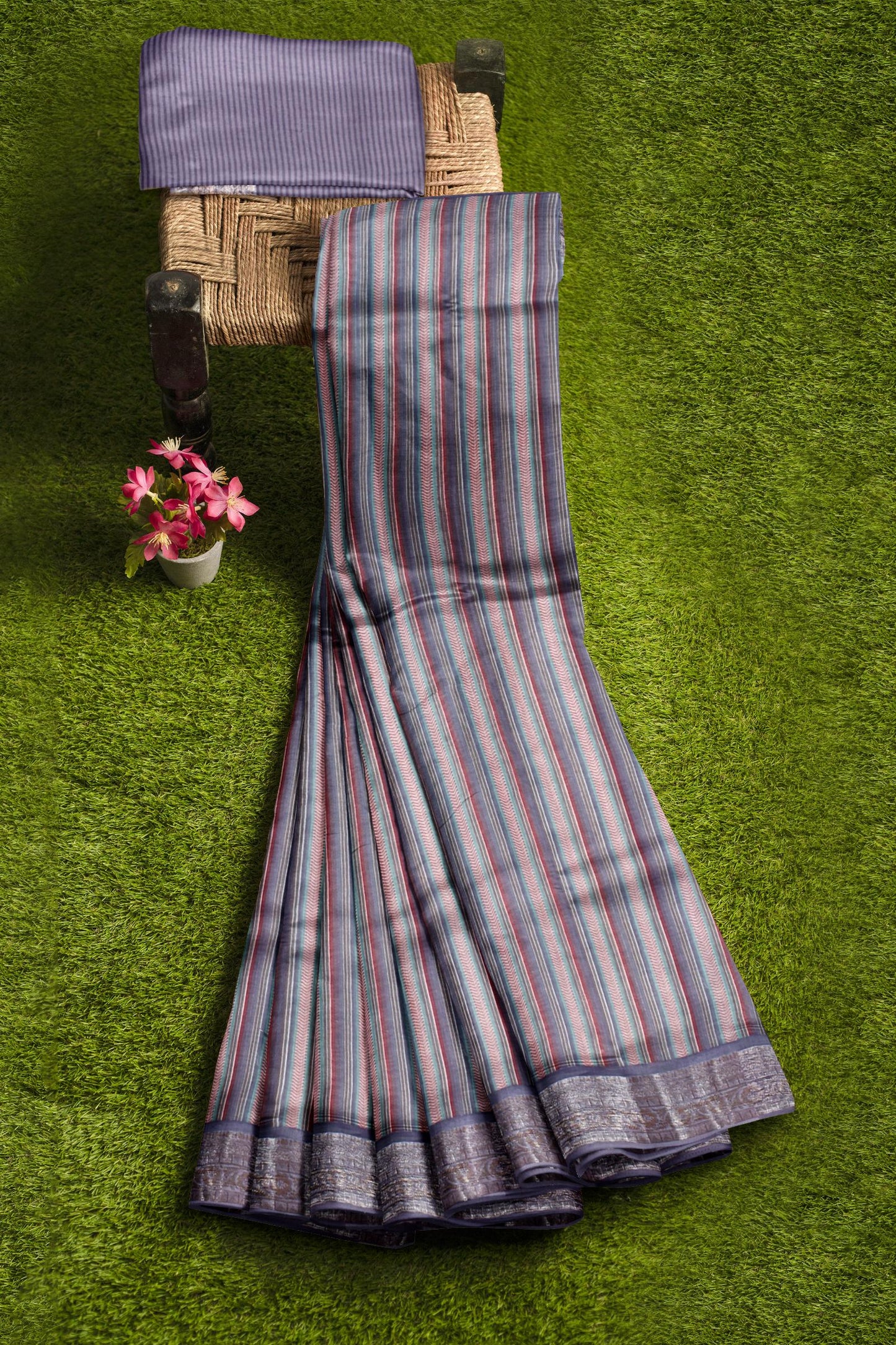 Violet Chanderi Silk Cotton Fancy Contrast Stripes Banaras Border Saree