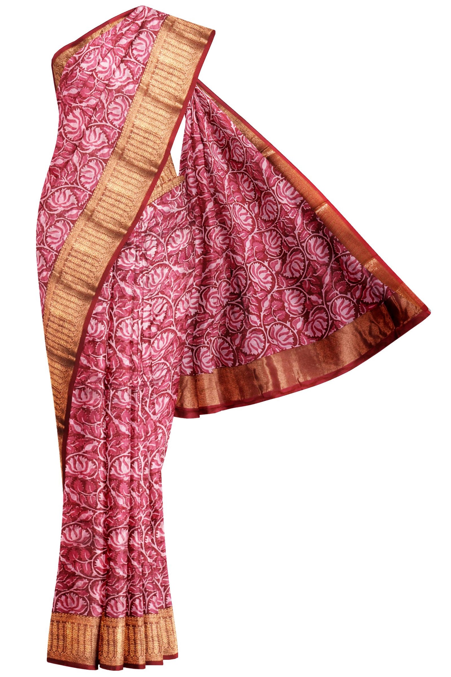 Red and Pink Chanderi Silk Cotton Lotus Garden Printed Saree