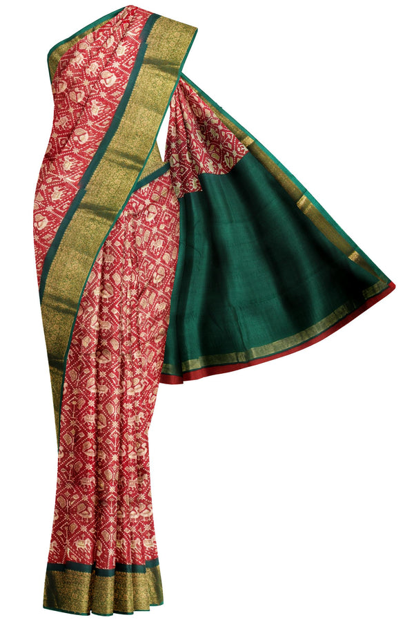 Red Chanderi Silk Cotton Paithani Style Prints Green Pallu Saree