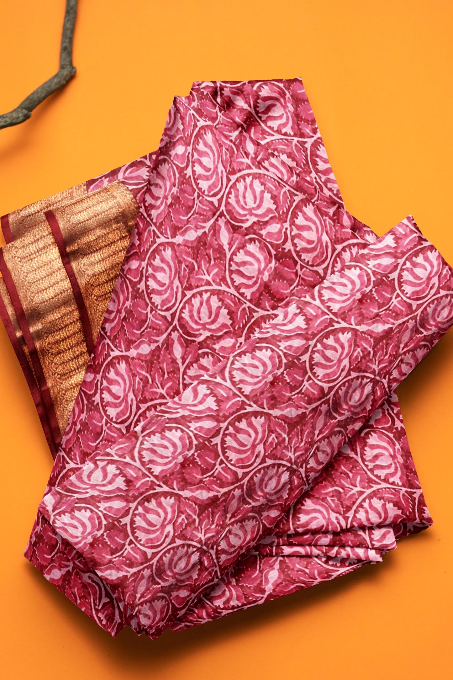 Red and Pink Chanderi Silk Cotton Lotus Garden Printed Saree