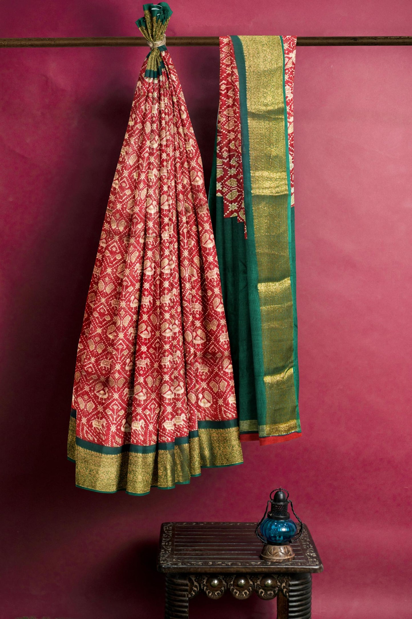 Red Chanderi Silk Cotton Paithani Style Prints Green Pallu Saree