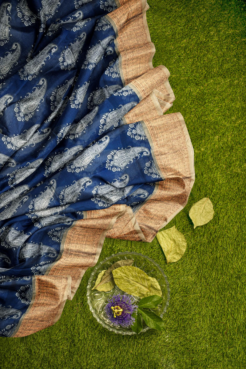 Blue Chanderi Silk Cotton Paisely Butta Saree