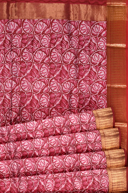 Red and Pink Chanderi Silk Cotton Lotus Garden Printed Saree