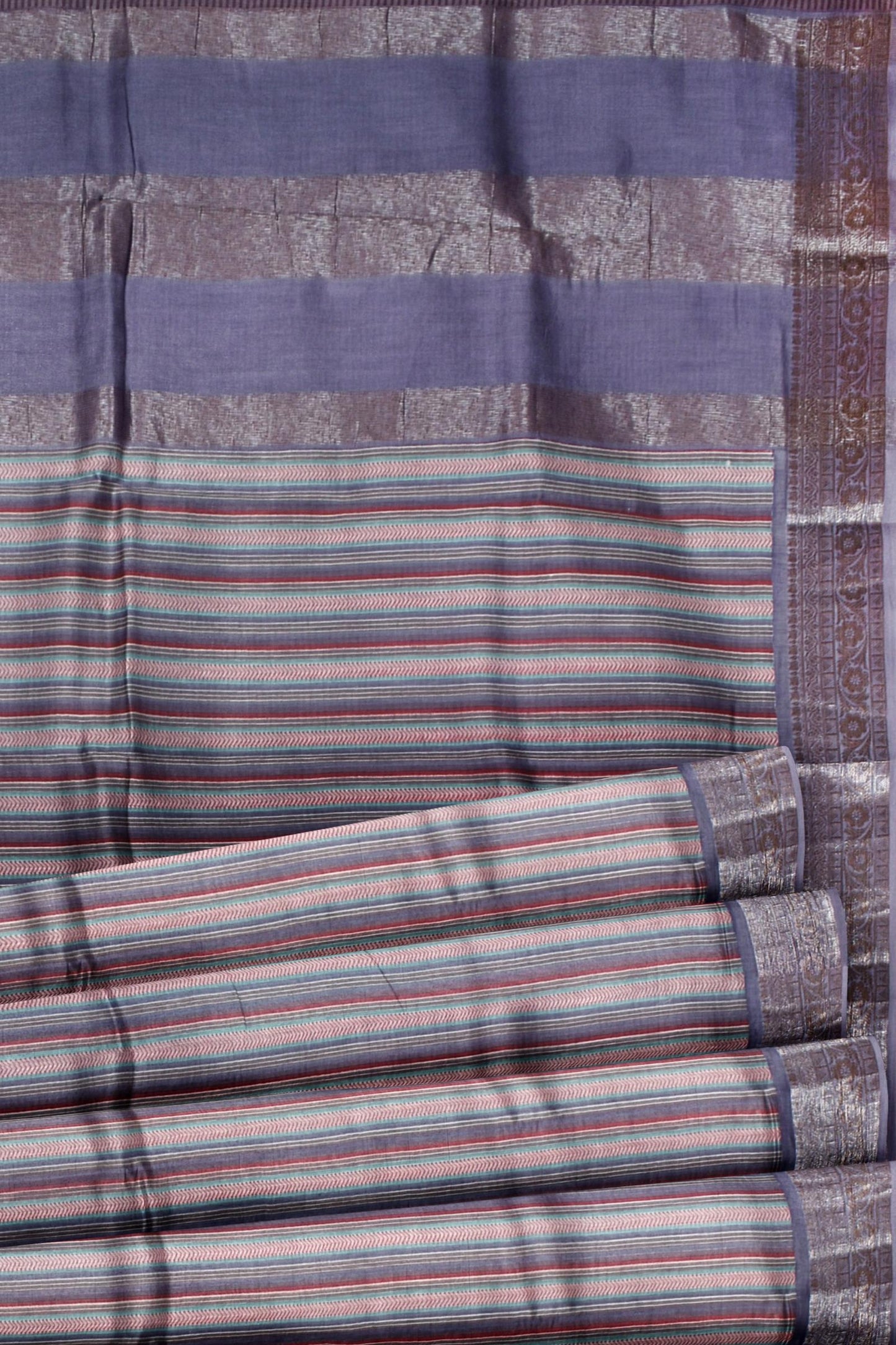 Violet Chanderi Silk Cotton Fancy Contrast Stripes Banaras Border Saree