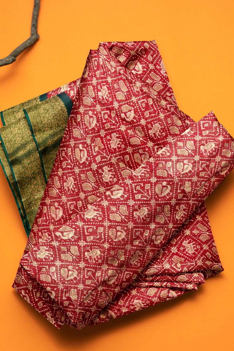 Red Chanderi Silk Cotton Paithani Style Prints Green Pallu Saree