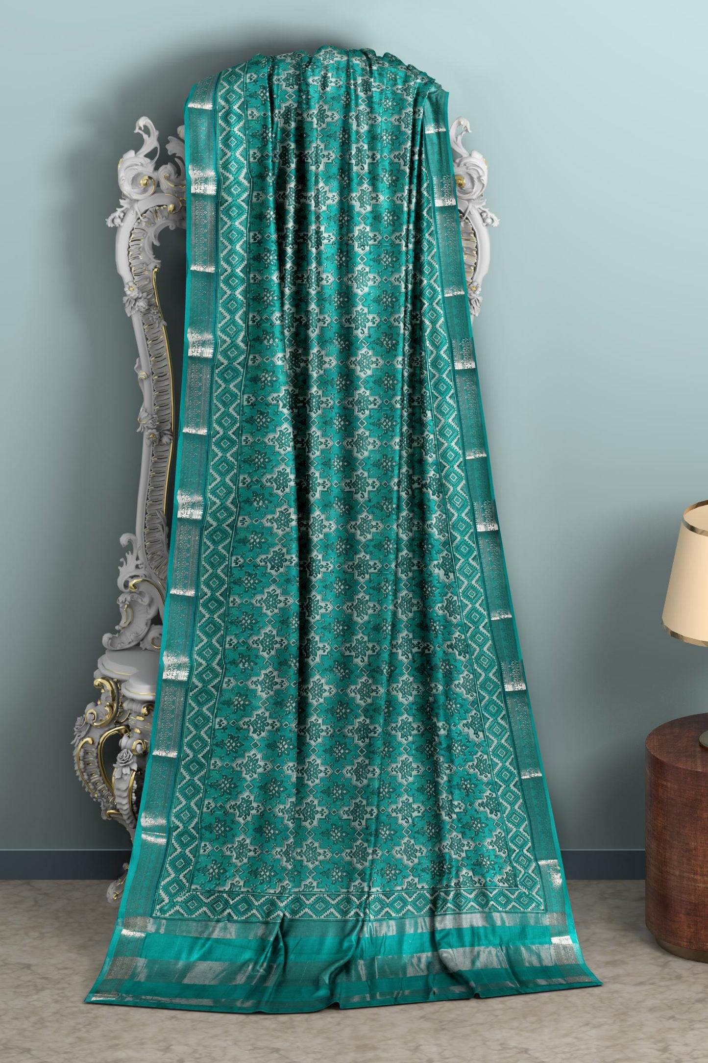 Green Chanderi Silk Cotton Printed Body Silver Border Saree