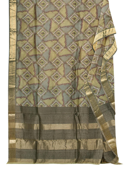 Light Green Chanderi Silk Cotton Geometrical Designs Printed Saree