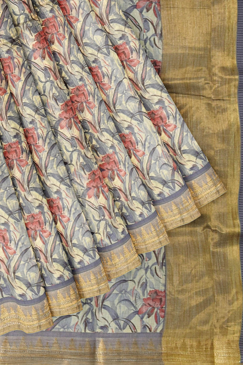 Sandal Chanderi Silk Cotton Floral Printed Temple Border Saree