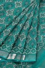 Green Chanderi Silk Cotton Printed Body Silver Border Saree