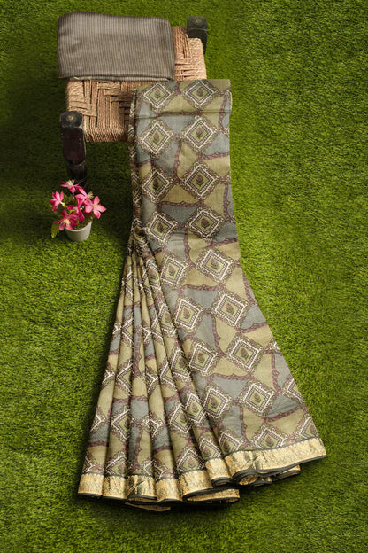 Light Green Chanderi Silk Cotton Geometrical Designs Printed Saree