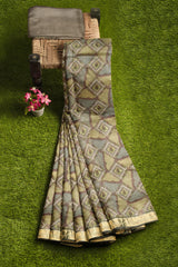 Light Green Chanderi Silk Cotton Geometrical Designs Printed Saree