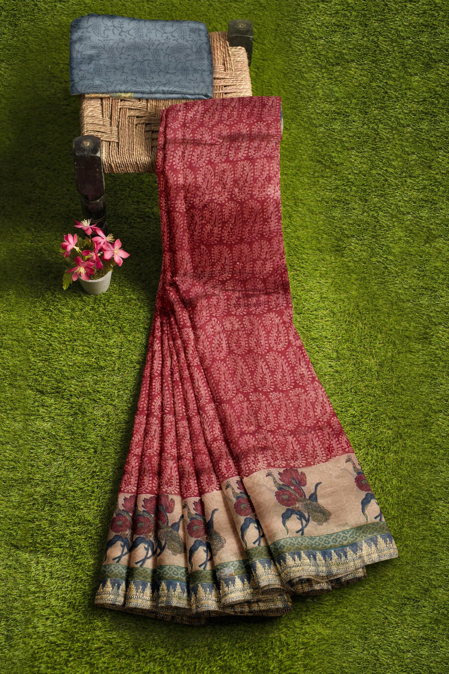 Brown Chanderi Silk Cotton Paisely Printed Temple Border Saree