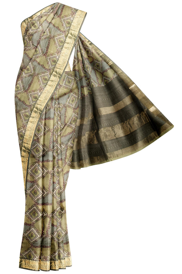 Light Green Chanderi Silk Cotton Geometrical Designs Printed Saree