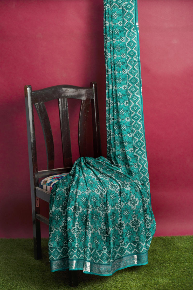 Green Chanderi Silk Cotton Printed Body Silver Border Saree