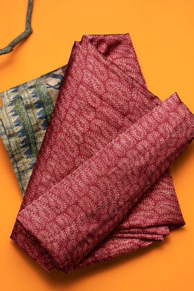 Brown Chanderi Silk Cotton Paisely Printed Temple Border Saree