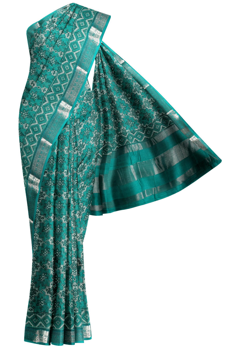 Green Chanderi Silk Cotton Printed Body Silver Border Saree