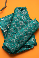 Green Chanderi Silk Cotton Printed Body Silver Border Saree