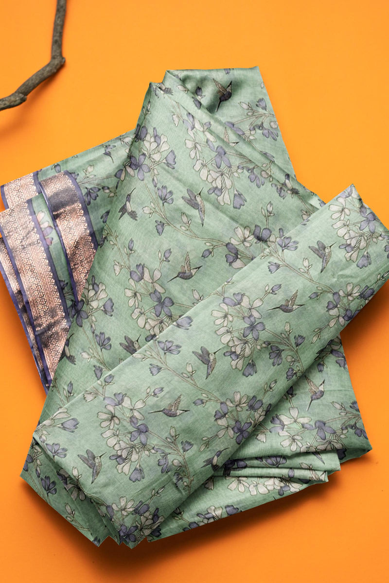 Mint Green Chanderi Silk Cotton Garden Printed Saree