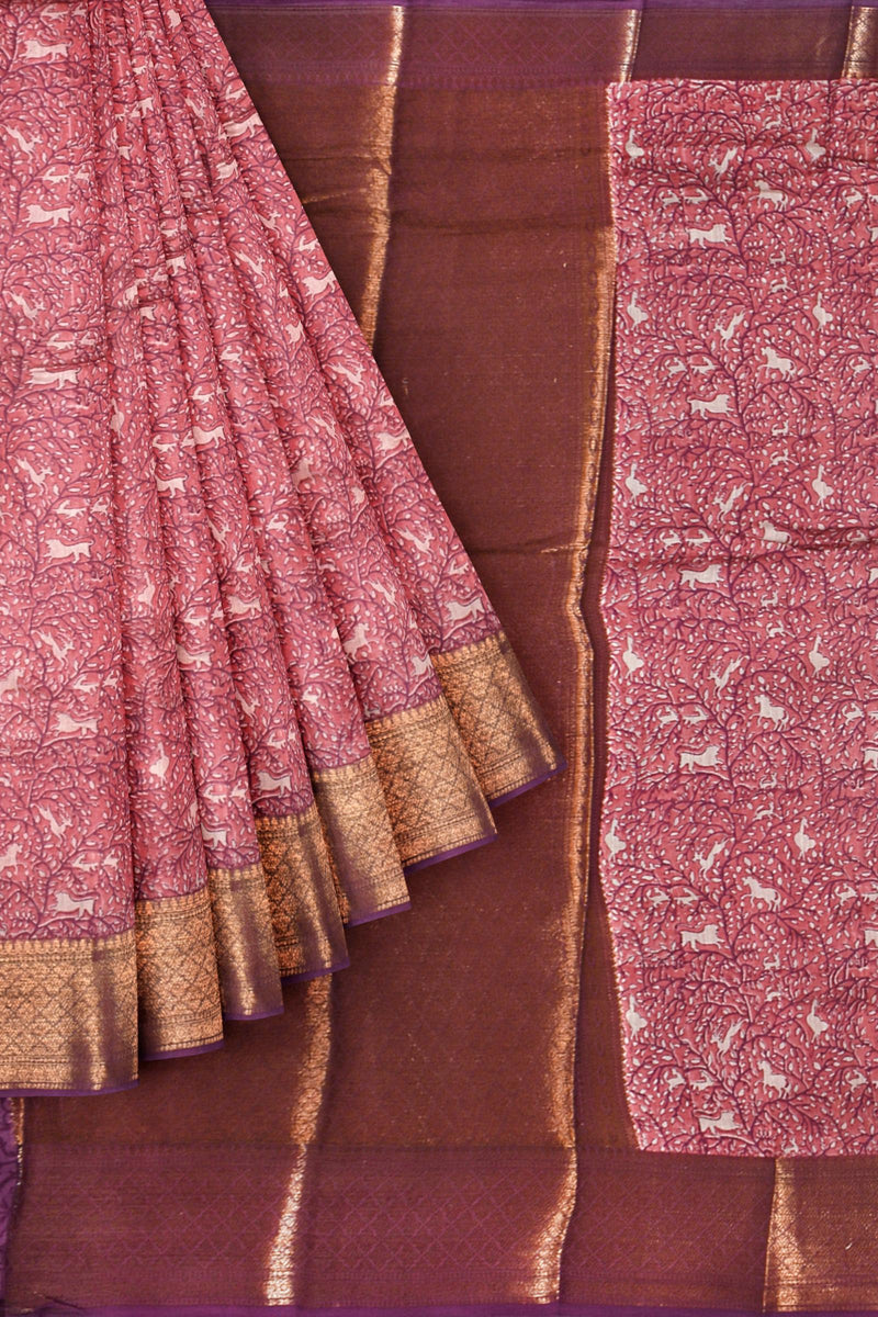 Dark Pink Chanderi Silk Cotton All Over Printed Body Banarasi Style Pallu Saree