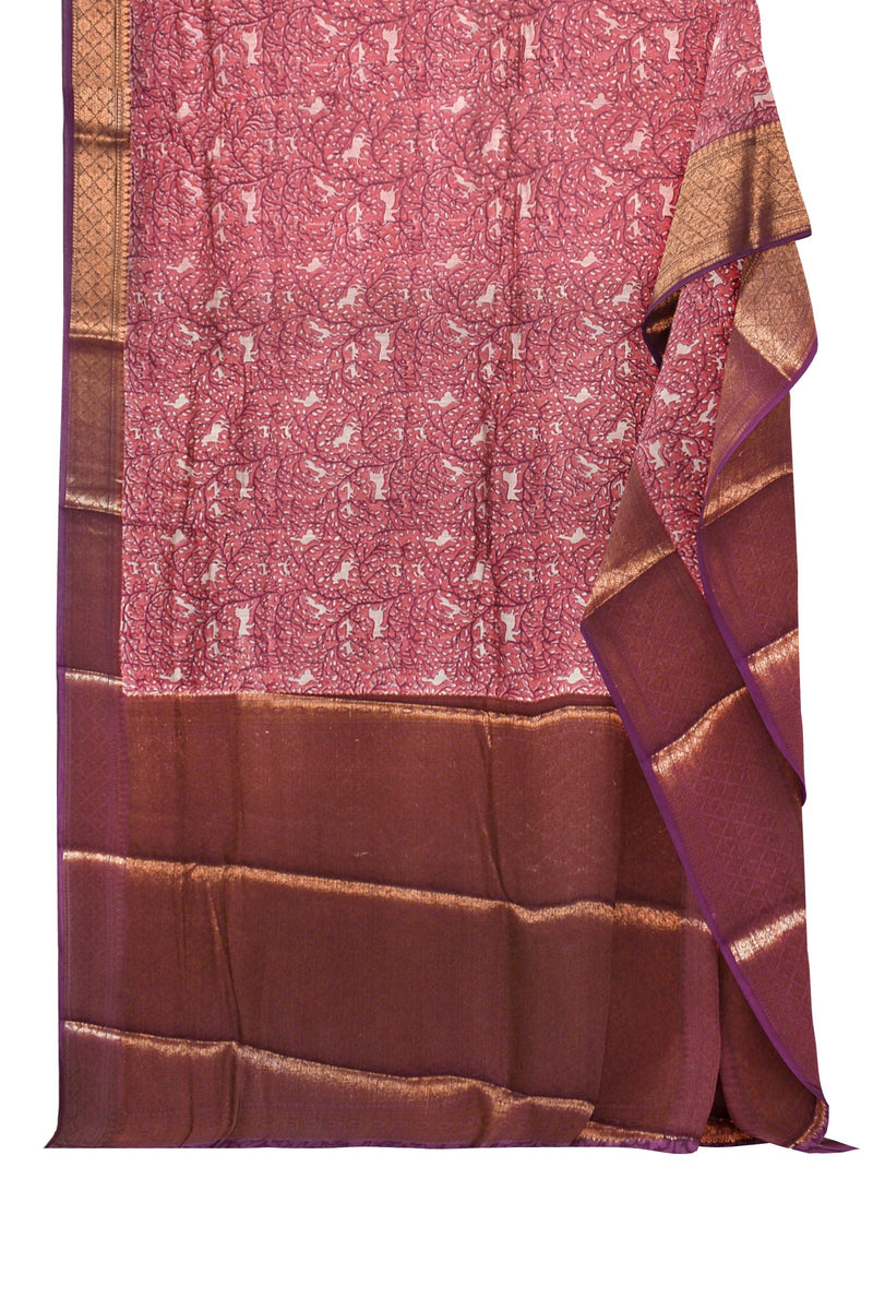 Dark Pink Chanderi Silk Cotton All Over Printed Body Banarasi Style Pallu Saree