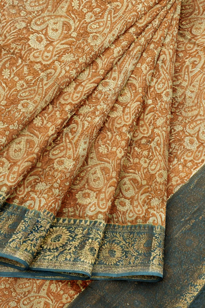 Light Brown Chanderi Silk Cotton Paisely Printed Contrast Border Saree