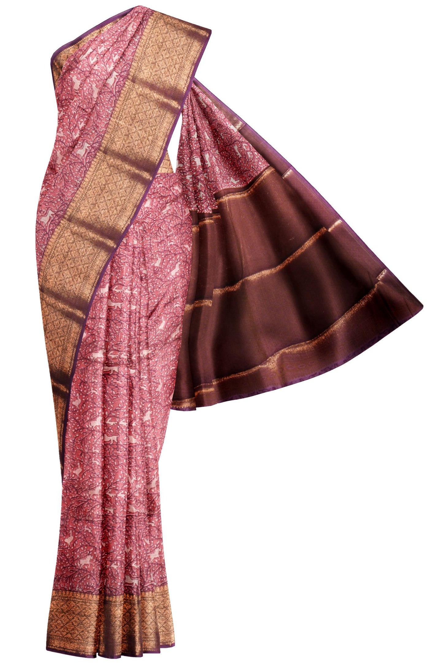 Dark Pink Chanderi Silk Cotton All Over Printed Body Banarasi Style Pallu Saree