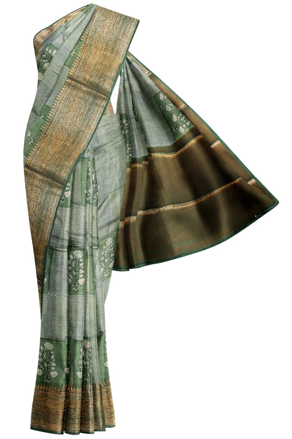 Green Chanderi Silk Cotton Wild Flowers Printed Saree