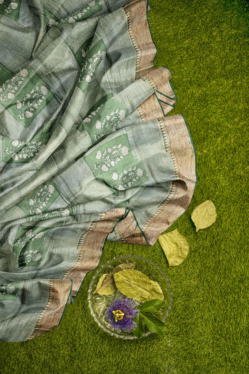 Green Chanderi Silk Cotton Wild Flowers Printed Saree