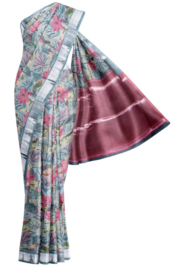 Light Blue Chanderi Silk Cotton Floral Printed Silver Border Saree