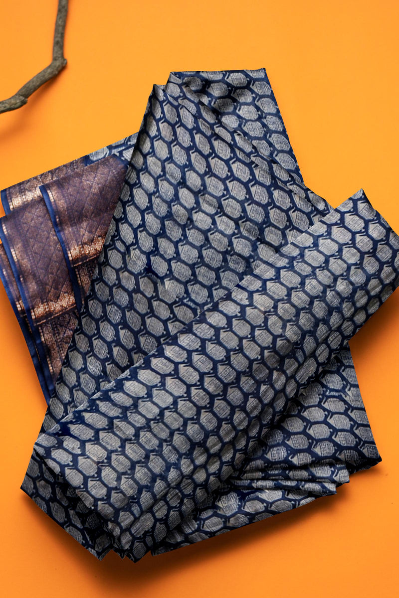 Blue Chanderi Silk Cotton Checkered Border Saree