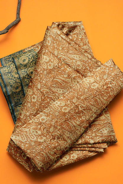 Light Brown Chanderi Silk Cotton Paisely Printed Contrast Border Saree