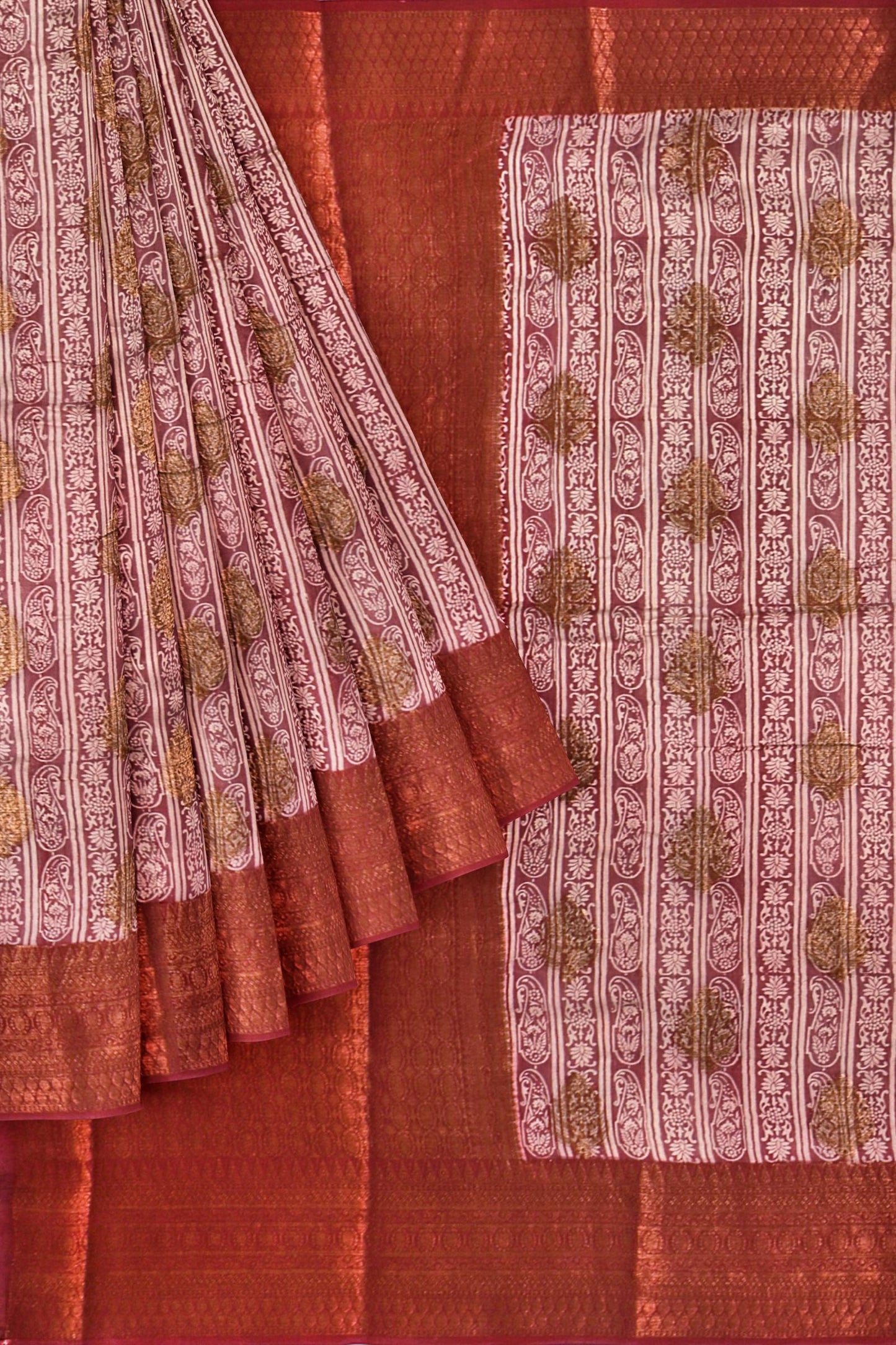 Meroon With White Chanderi Silk Cotton All Over Printed Saree