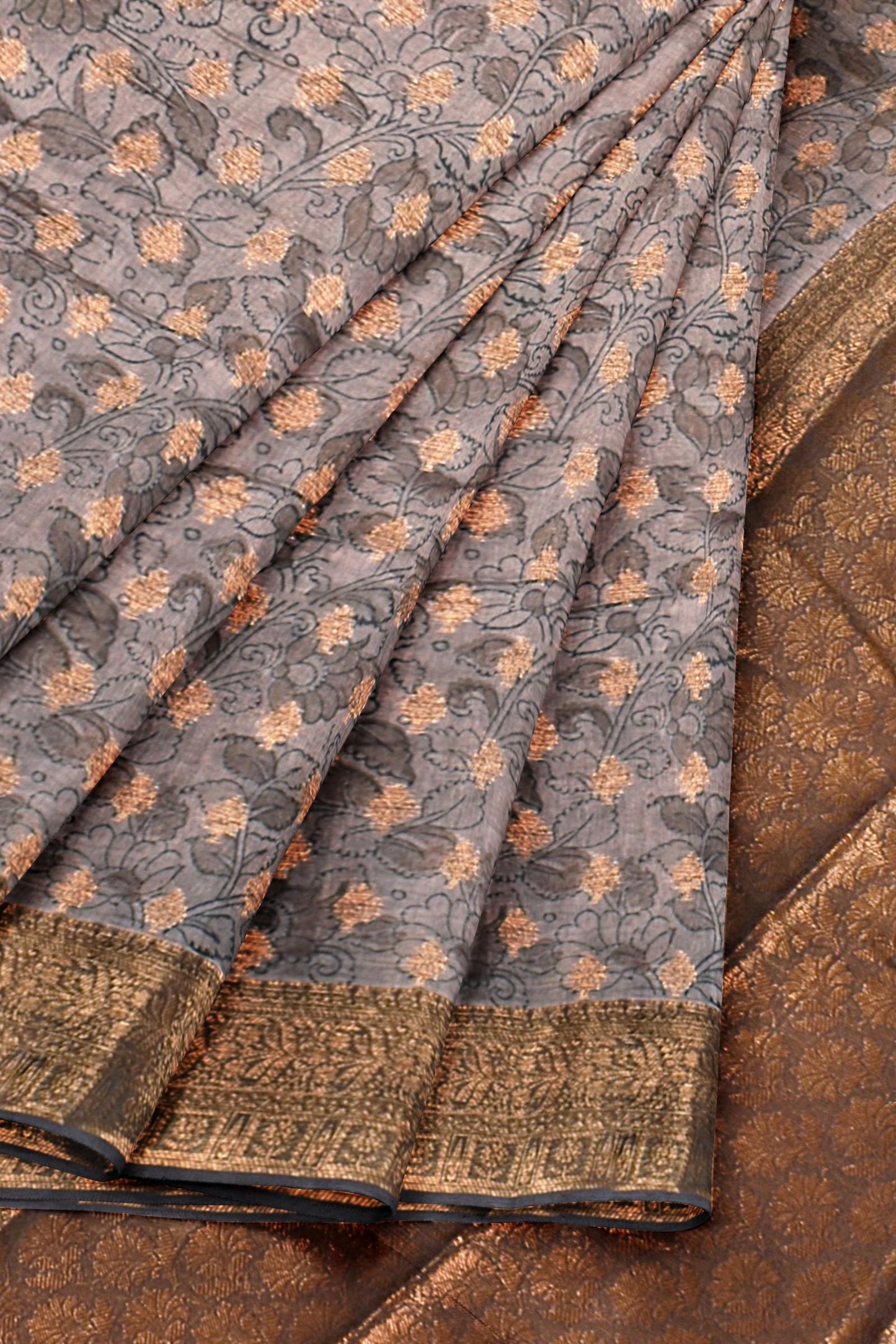 Light Brown Chanderi Silk Cotton Copper Woven and Printed Leaves Saree