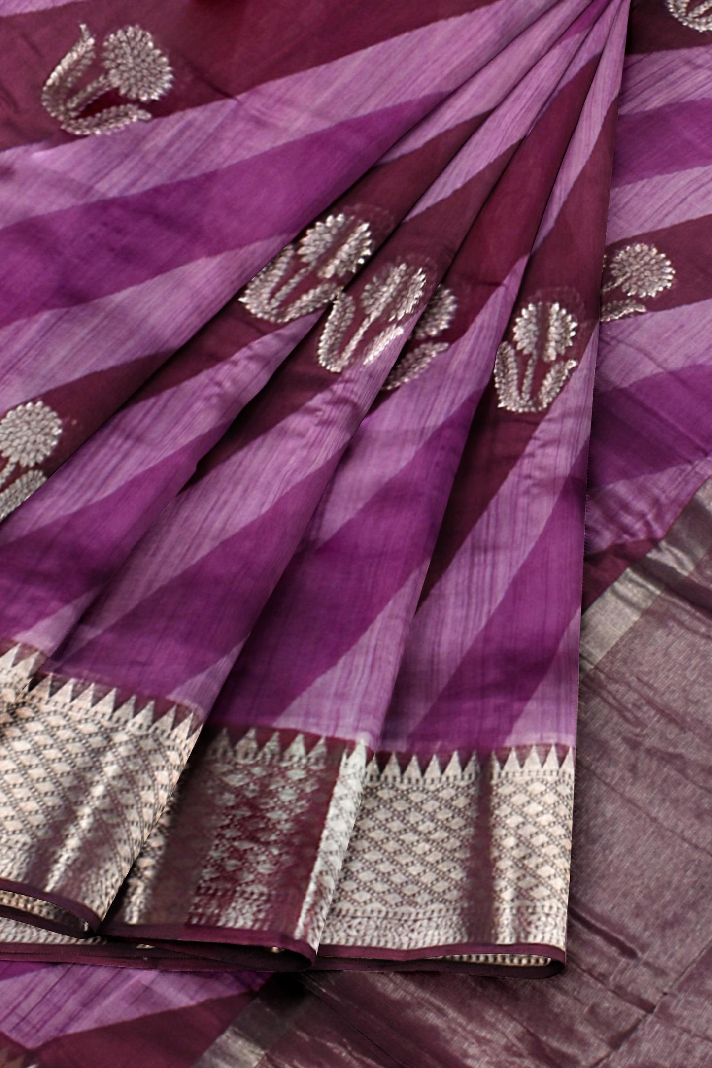 Violet Chanderi Silk Cotton Contrast Stripes Silver Border Saree