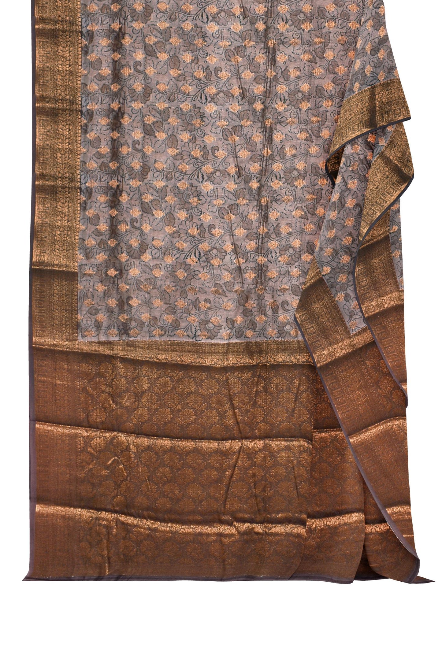 Light Brown Chanderi Silk Cotton Copper Woven and Printed Leaves Saree