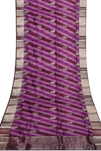 Violet Chanderi Silk Cotton Contrast Stripes Silver Border Saree