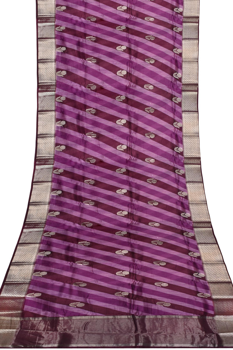 Violet Chanderi Silk Cotton Contrast Stripes Silver Border Saree