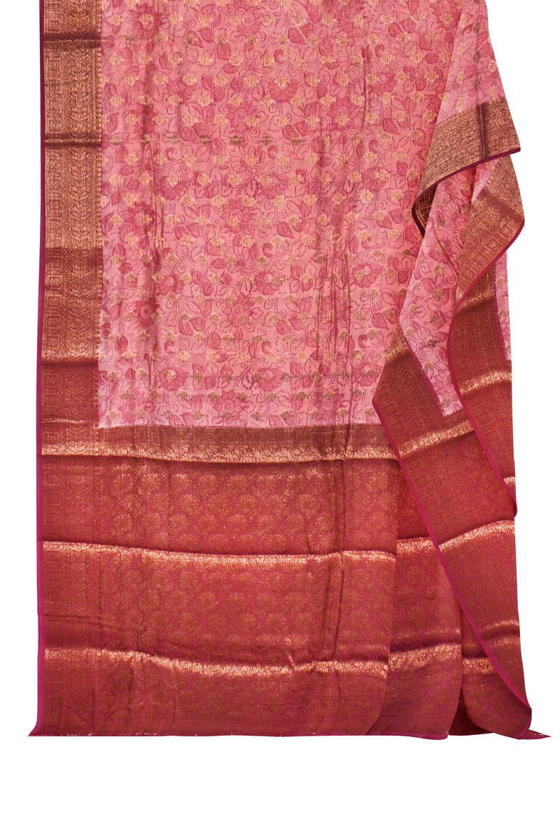 Dark Pink Chanderi Silk Cotton Floral Printed Banarasi Border Saree