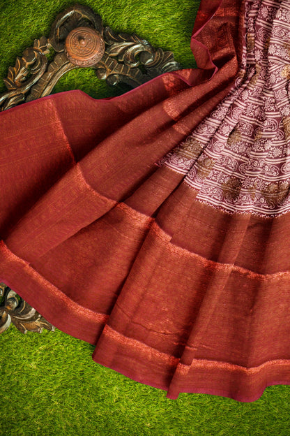 Meroon With White Chanderi Silk Cotton All Over Printed Saree