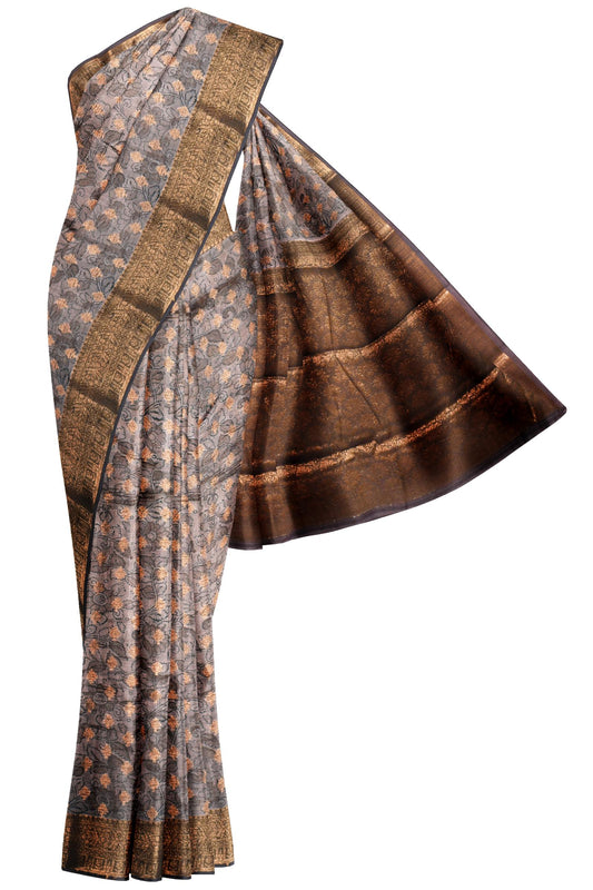 Light Brown Chanderi Silk Cotton Copper Woven and Printed Leaves Saree