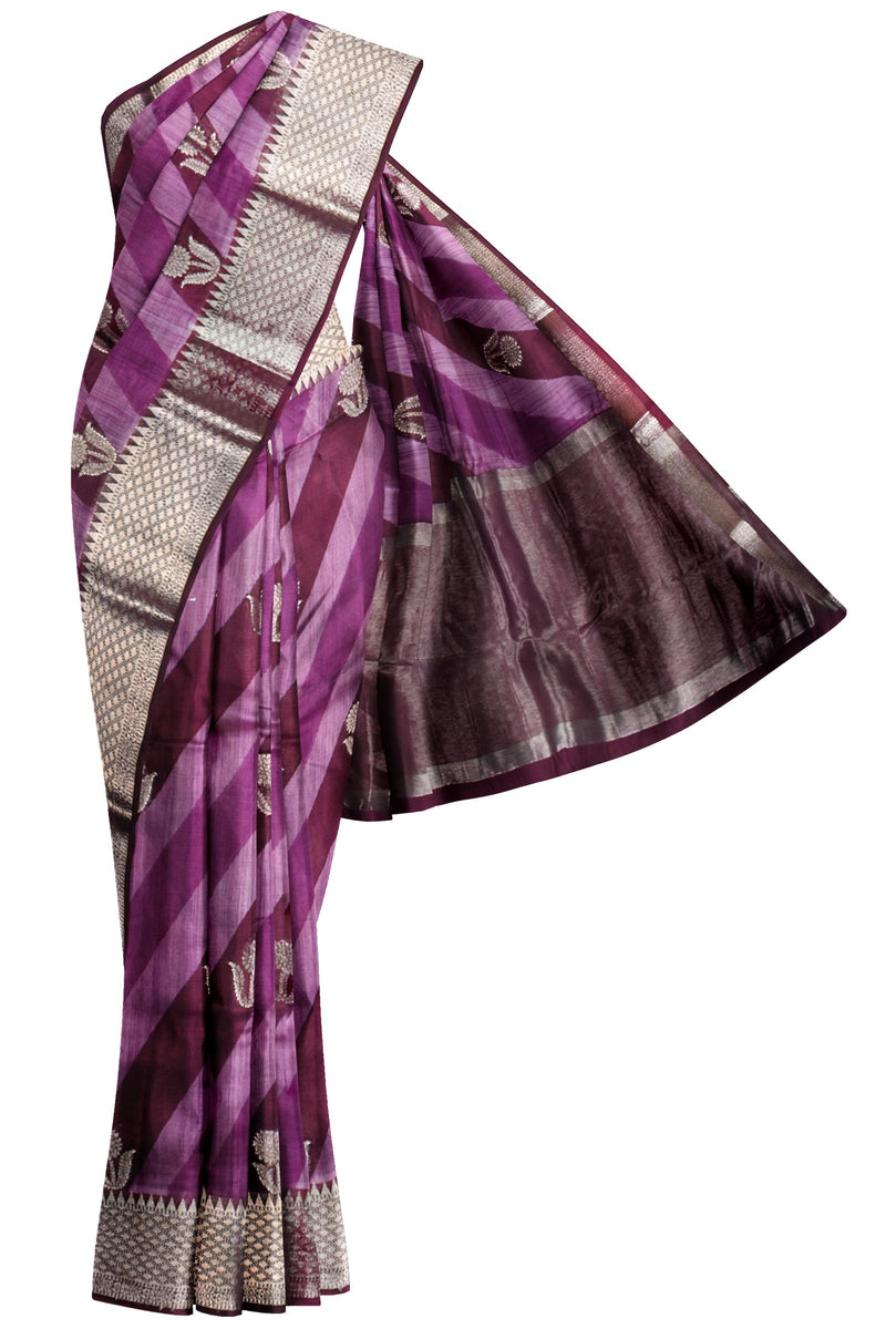 Violet Chanderi Silk Cotton Contrast Stripes Silver Border Saree