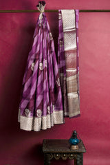 Violet Chanderi Silk Cotton Contrast Stripes Silver Border Saree