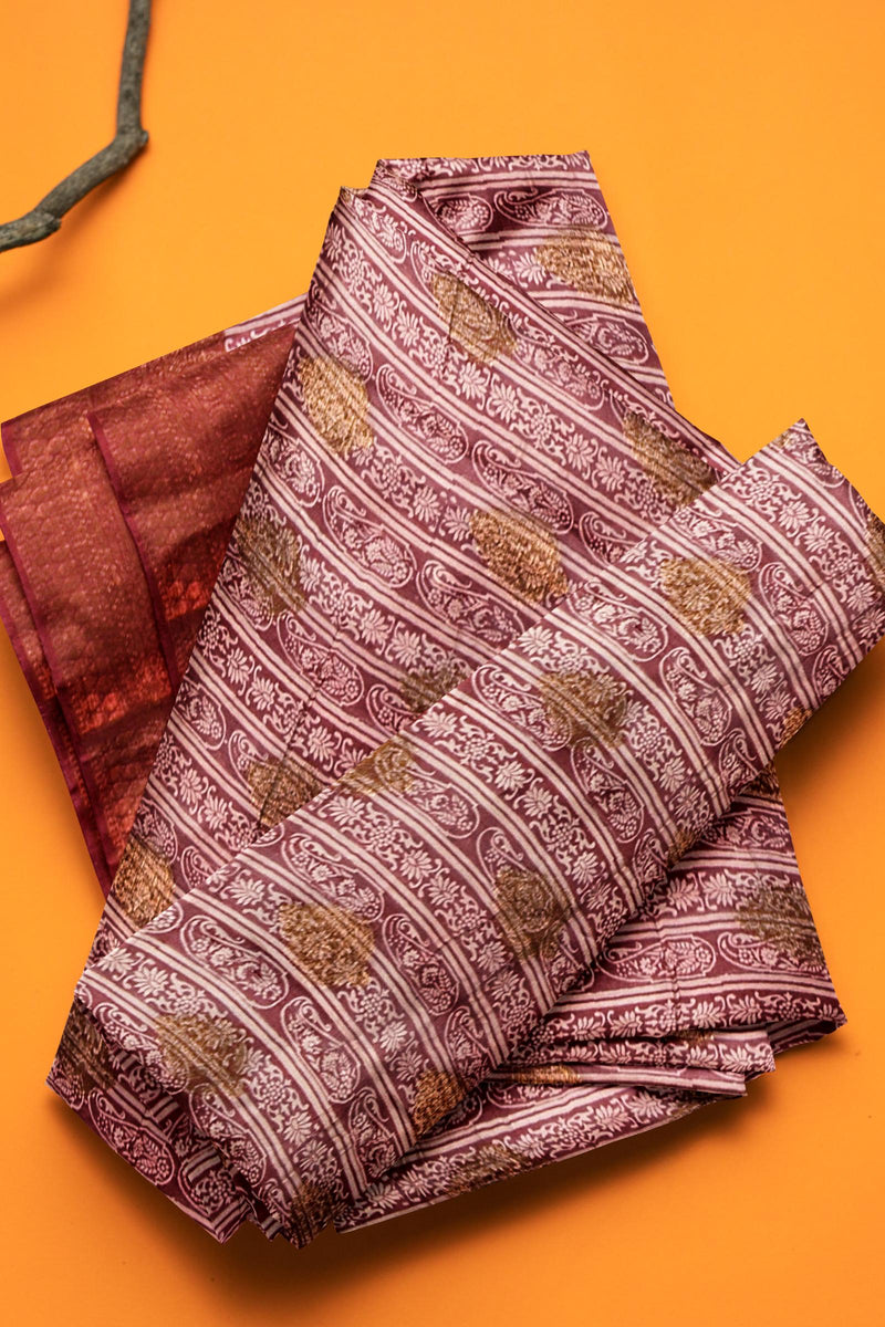 Meroon With White Chanderi Silk Cotton All Over Printed Saree